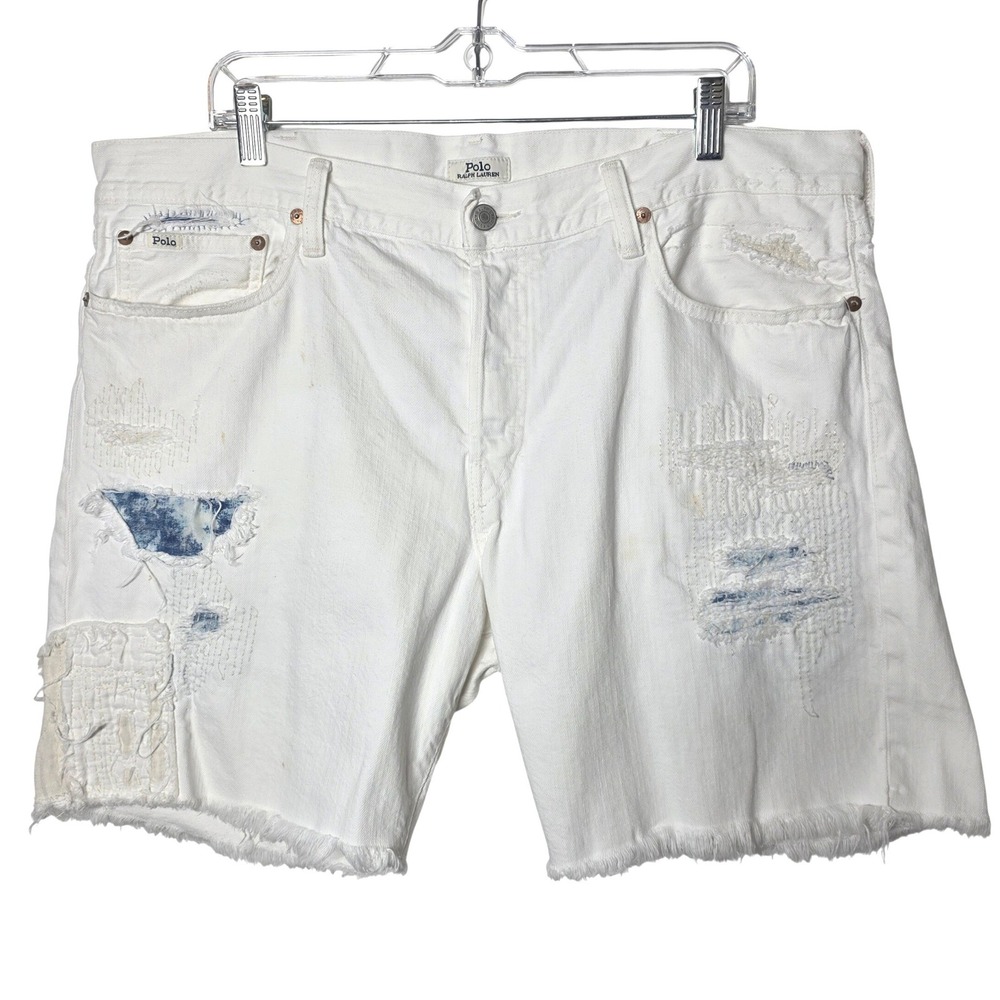 Polo Ralph Lauren Sullivan Slim White Distressed Denim Shorts Mens 38 Cutoff